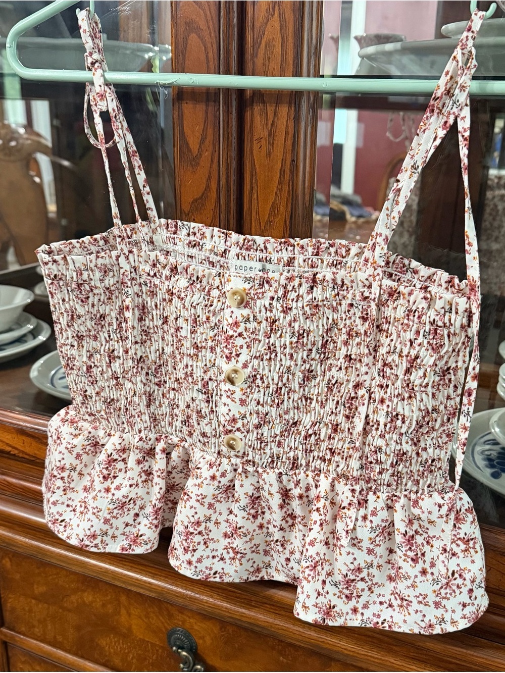 Paper Crane White and Red Floral Smocked Ruffle Cami